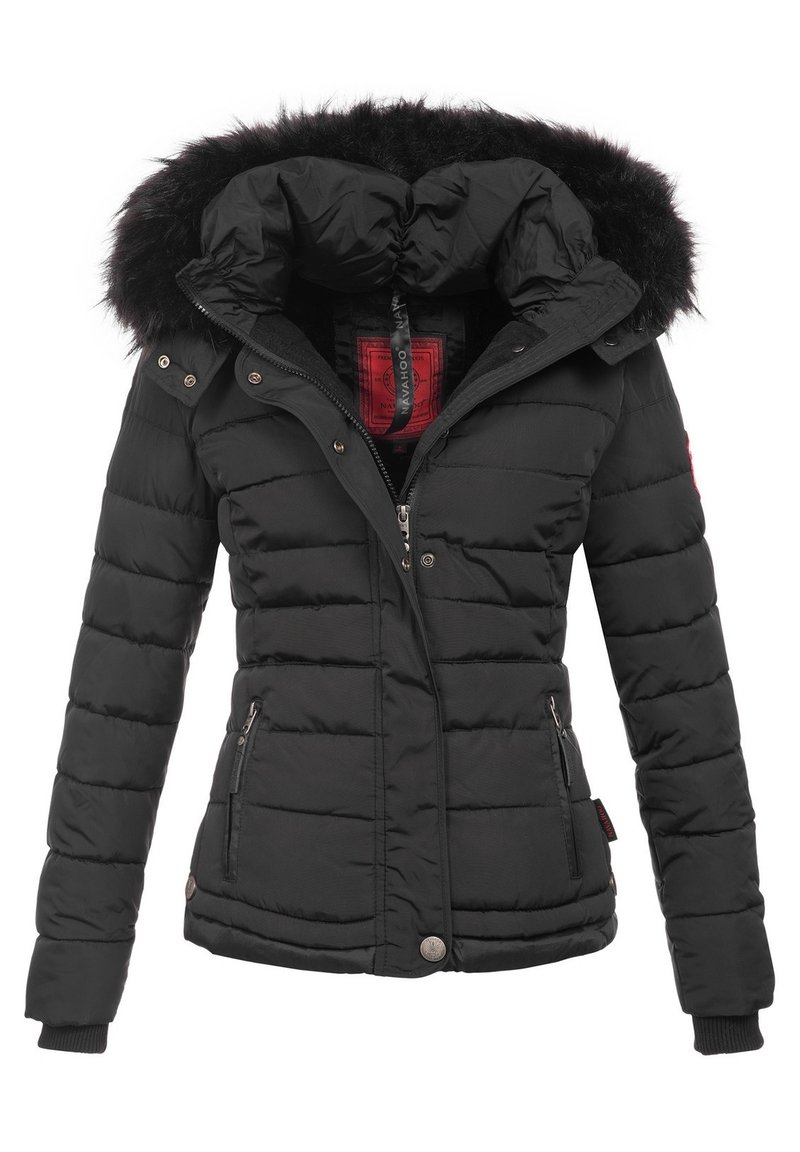 Chaqueta de plumas negra con capucha que incluye un borde de piel sintética, cierre frontal con cremallera y dos bolsillos laterales. Patrón acolchado en toda la prenda.
