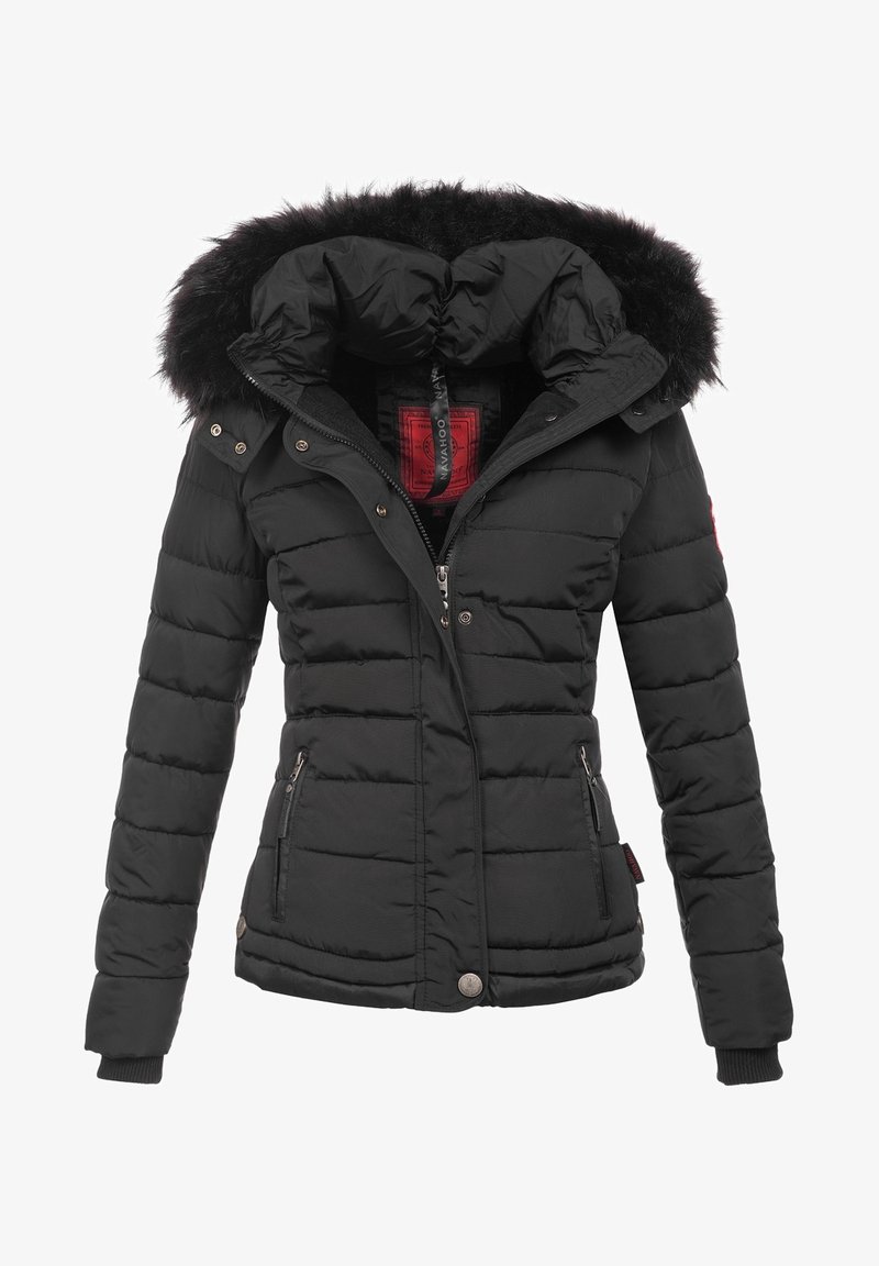 Chaqueta de plumas negra con capucha que incluye un borde de piel sintética, cierre frontal con cremallera y dos bolsillos laterales. Patrón acolchado en toda la prenda.