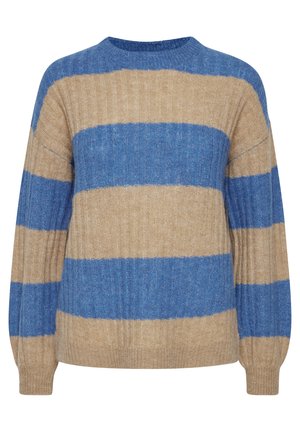 Gestreifter Pullover in Blau und Beige, gefertigt aus strukturiertem Strickmaterial mit einem gerippten Muster. Verfügt über lange, leicht gepuffte Ärmel und einen Rundhalsausschnitt.