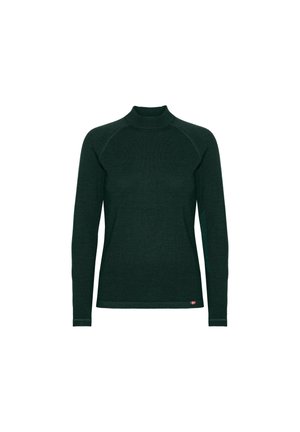 Tmavě zelený svetr z pleteniny s dlouhým rukávem, vysokým kulatým výstřihem a malou červeno-bílou značkou s logem na spodním lemu.