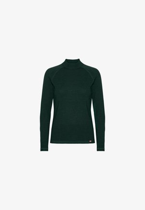 Tmavě zelený svetr z pleteniny s dlouhým rukávem, vysokým kulatým výstřihem a malou červeno-bílou značkou s logem na spodním lemu.