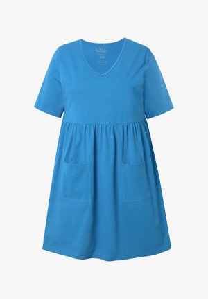 Modré bavlněné šaty s krátkým rukávem a výstřihem do V, s nařaseným pasem a dvěma předními kapsami. Hladká textura a délka do kolen.