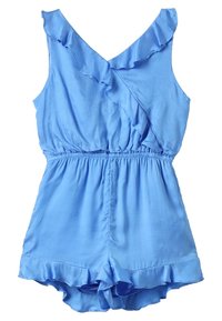 Blå jumpsuit i mjukt tyg med volangärmar, sammanknuten midja och korta ben med volangkanter.