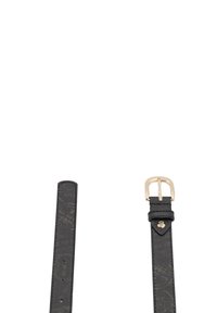 Cinturino per orologio in pelle nera con motivo inciso, fibbia color oro, superficie testurizzata e diversi fori di regolazione.