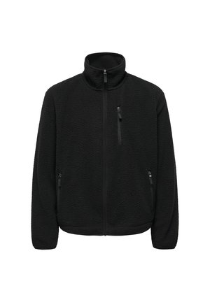 Black fleece jacket with stand-up collar, front zipper, two side zip pockets, and one zip chest pocket, displayed against a white background.