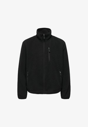 Black fleece jacket with stand-up collar, front zipper, two side zip pockets, and one zip chest pocket, displayed against a white background.