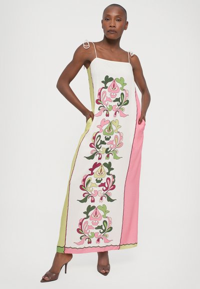 Long, sleeveless dress with a square neckline, featuring colorful floral embroidery in pink, green, and white. Side pockets, two-tone design.