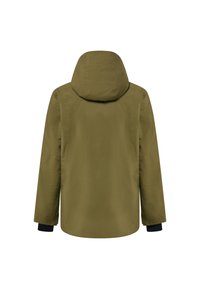 Oliwkowa wodoodporna kurtka z kapturem, długimi rękawami z czarnymi mankietami oraz prostą, gładką teksturą z tyłu. Brak widocznych elementów metalowych.
