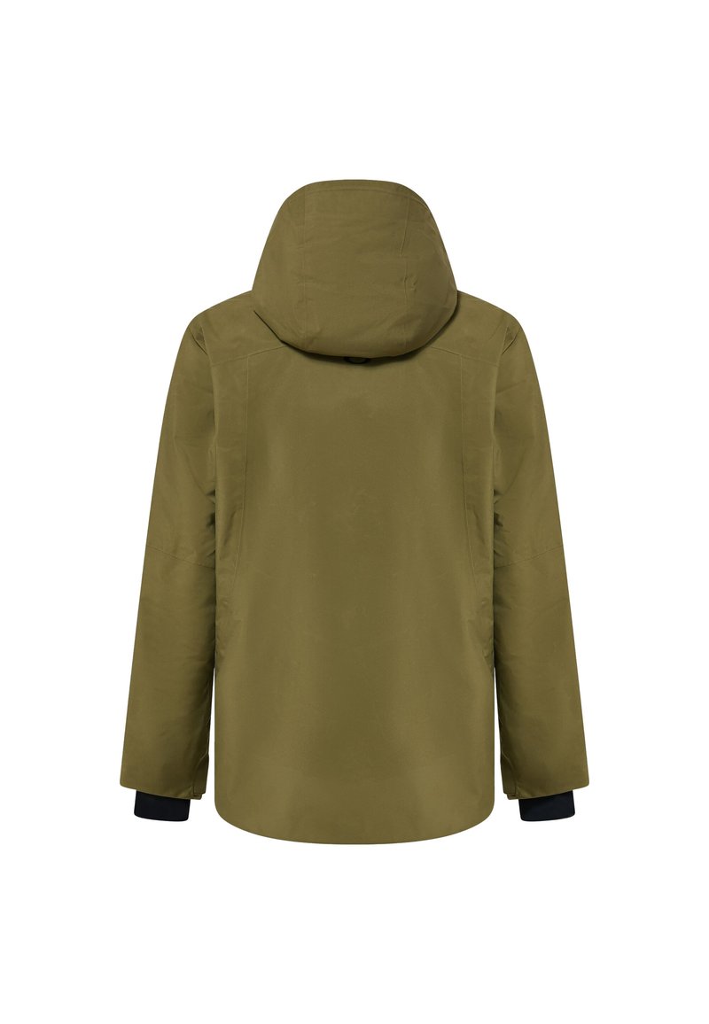 Olivgrüne, wasserdichte Jacke mit Kapuze, langen Ärmeln mit schwarzen Bündchen und einer einfachen, glatten Textur auf der Rückseite. Keine sichtbare Hardware.