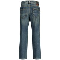 Jeans de mezclilla en azul medio con un diseño de pierna recta, con dos bolsillos traseros y una etiqueta de marca en la cinturilla.