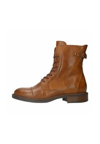 Brown leather ankle boot with a rounded toe, lace-up design, side buckle detail, and a low, stacked heel. Smooth texture with minimal stitching.