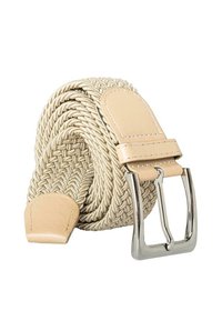 Cintura intrecciata beige realizzata in materiale elastico, con punta in pelle liscia e fibbia in metallo argento con becco rettangolare.