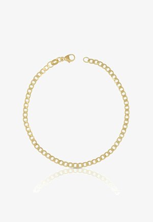 Bracciale a catena d'oro con maglie intrecciate, superficie lucida e chiusura a moschettone sicura. Design semplice ed elegante.