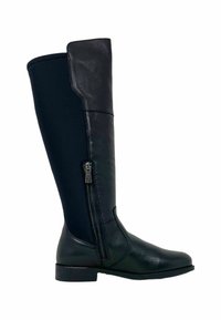 Stivali neri alti realizzati in pelle e tessuto elasticizzato. Presentano una cerniera laterale e una suola piatta, con una finitura liscia e dettagli minimalisti.