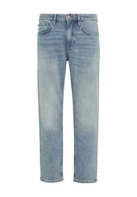 Jeans in denim azzurro chiaro con una vestibilità dritta, design a cinque tasche e leggera scoloritura. Presentano una chiusura con bottone in metallo e dettagli di cucitura a contrasto.