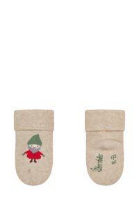 Beige toddler socks with a folded cuff, featuring a knitted green and red character design on the front; textured ribbed fabric.