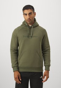 Grøn hoodie med kengurulomme, broderet tekst og ribbet manchetter og kant. Fremstillet af blødt stof; har en hætte med snore.