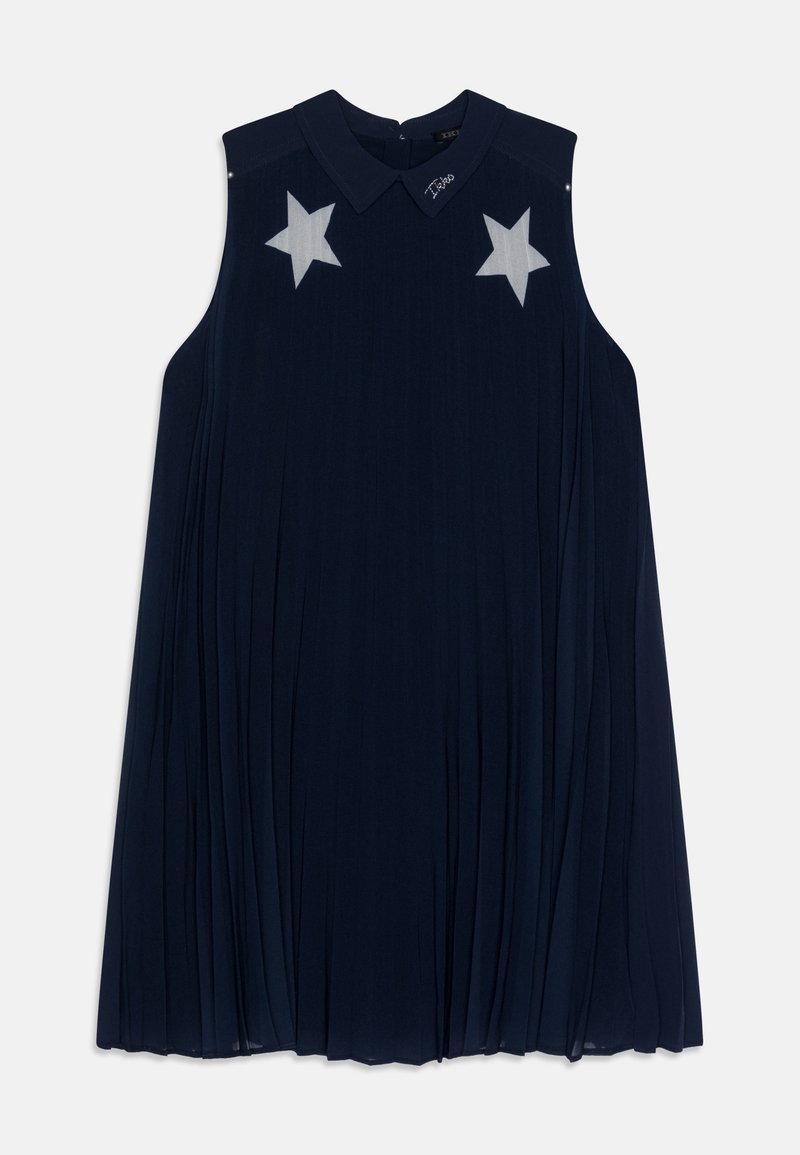 Navy sleeveless dress with a pleated design, featuring two white star appliqués on the chest and a collared neckline.
