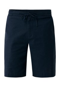Marineblaue Shorts aus leichtem Stoff, mit einem elastischen Bund und Kordelzug, kürzer als die Knie und mit einer glatten Textur.