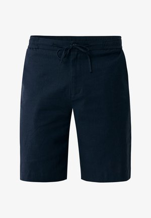 Shorts bleu marine en tissu léger, dotés d'une taille élastique avec cordon de serrage, longueur au-dessus du genou et texture lisse.