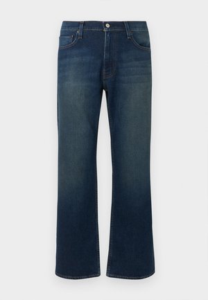 Dark blue denim jeans with a straight-leg fit, five-pocket style, zip fly, and metal button. Features slight fading on the thighs.