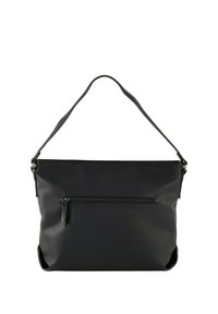 Borsa a tracolla in pelle nera con superficie texturizzata, una sola tracolla e una tasca frontale con zip. Design spazioso e minimalista.