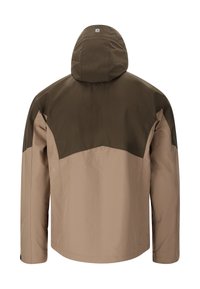 Hættejakke med to-farvet design, hvor den øverste del er mørkebrun og den nederste del er lys brun. Glat, vandafvisende stof.