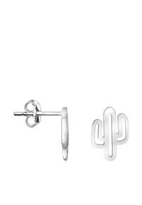 Orecchini a forma di cactus in argento con design a traforo. Presentano un perno e un fermo a farfalla per una chiusura sicura. Texture liscia, stile contemporaneo.