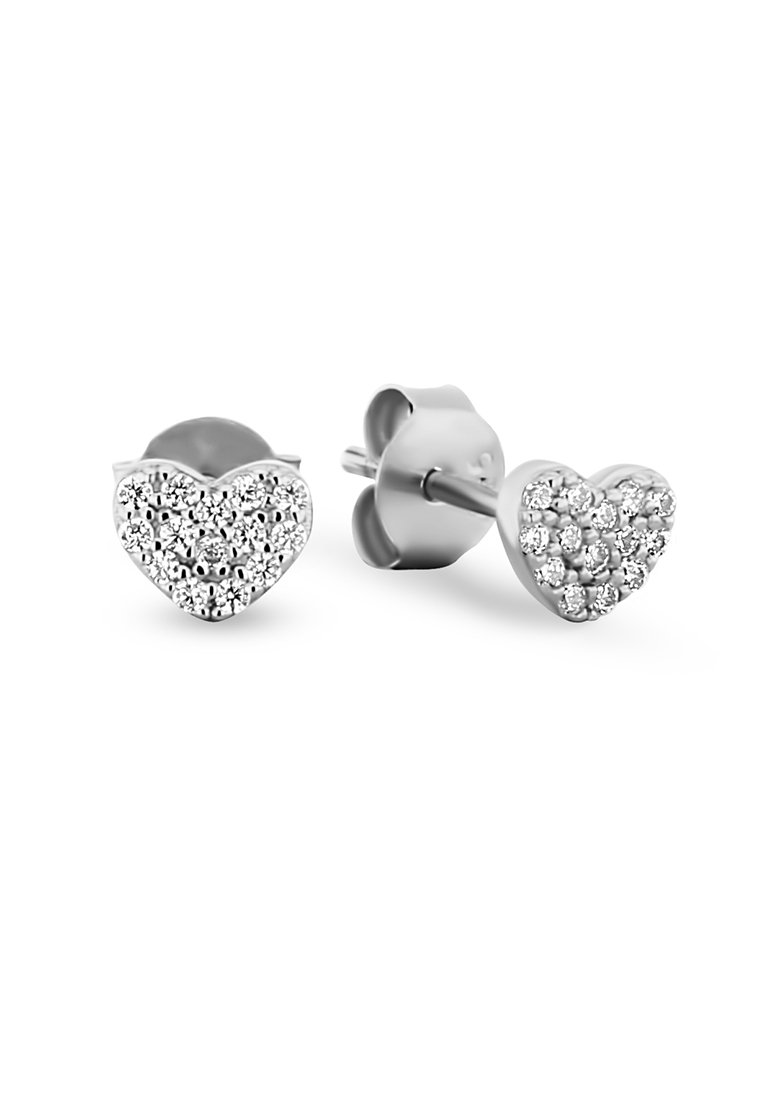 Orecchini a monachella a forma di cuore in argento, con un grappolo di piccole pietre di rhinestone trasparenti sulla superficie, caratterizzati da una finitura metallica lucida.