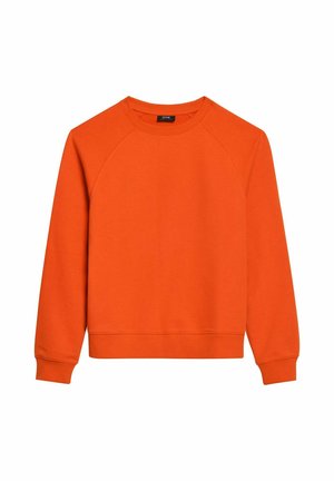 Pomarańczowy sweatshirt z długimi rękawami raglanowymi, okrągłym dekoltem oraz ściągaczami u dołu rękawów i na dole. Wykonany z miękkiego, teksturowanego materiału. Prosty design, bez wzorów.