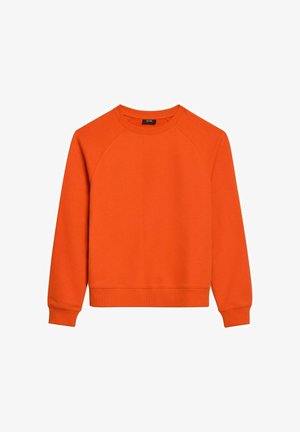 Pomarańczowy sweatshirt z długimi rękawami raglanowymi, okrągłym dekoltem oraz ściągaczami u dołu rękawów i na dole. Wykonany z miękkiego, teksturowanego materiału. Prosty design, bez wzorów.
