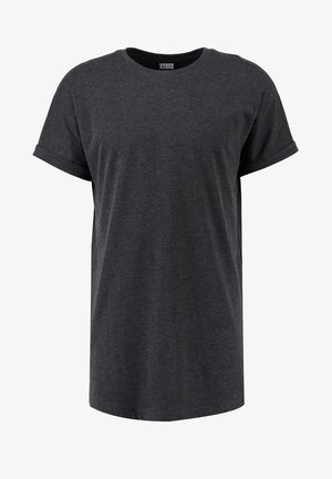 Tamsiai pilkas trumpas rankovės marškinėliai su laisvu sijonu, apvaliu iškirpimu ir užvyniotomis rankovėmis, pagaminti iš minkštos medvilnės medžiagos.