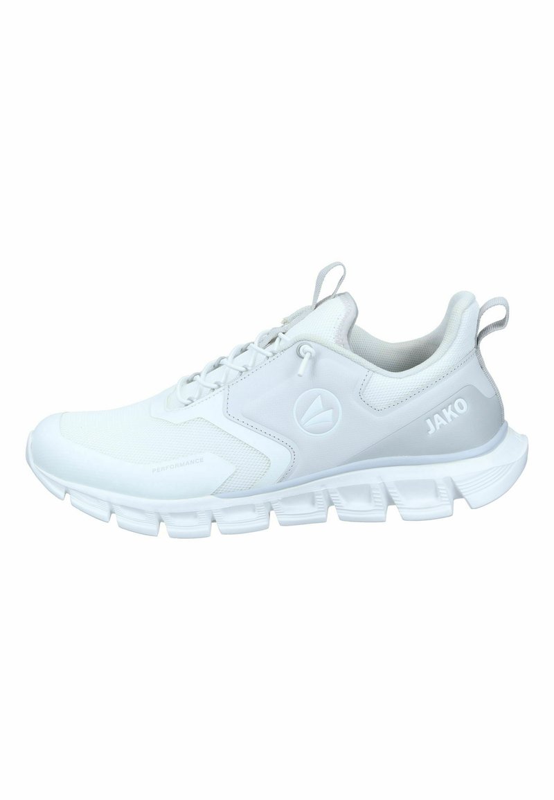 White athletic shoe featuring a mesh upper, textured accents, padded collar, and a thick, segmented sole for cushioning and support.