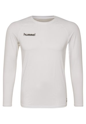 Langærmet, tætsiddende atletisk skjorte i hvidt stof. Har en rund halsudskæring og et lille sort "hummel" logo på brystet. Glat tekstur.