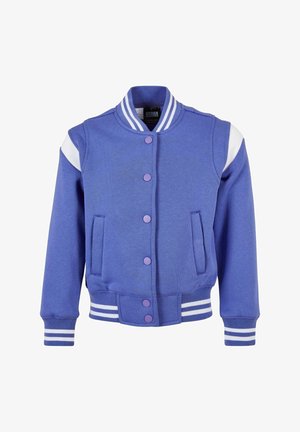 Kék egyetemi dzseki fehér díszítésekkel, bordás mandzsetta, gombos záródás, két elülső zseb és texturált felület.