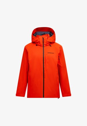 Rote wasserdichte Jacke mit Kapuze, Frontreißverschluss, elastischen Bündchen und Brusttasche. Mit schwarzen Reißverschlüssen und Branding auf der linken Seite.