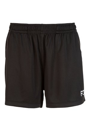 Sorte atletikshorts med elastisk linning og hvidt delvist logo på det nederste højre ben, designet til sport eller afslappet brug.