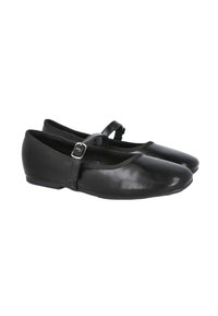Parecidas de ballet de cuero negro con punta redondeada, abertura elasticada y correa ajustable con hebilla. Textura suave y tacón bajo.