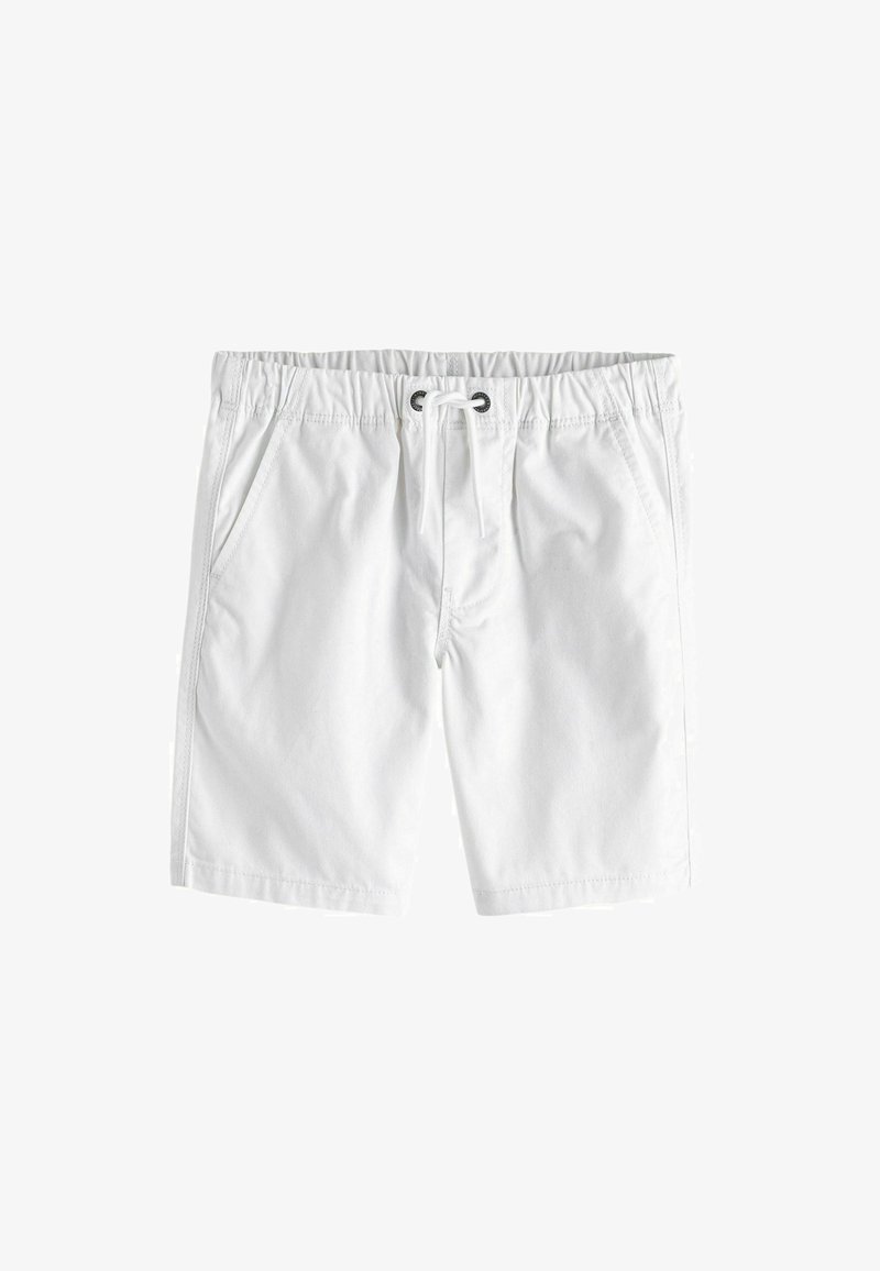 Shorts bianchi in cotone con elastico in vita, chiusura con cordino e due tasche laterali. Texture liscia con un design semplice.
