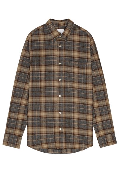Brown and gray plaid button-up shirt with a collar, long sleeves, and a single chest pocket. Soft texture and curved hem design.