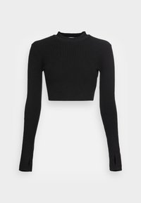 Top cropped nero a maniche lunghe con collo alto, texture a coste e aperture per il pollice nei polsini. Realizzato in un materiale elastico.