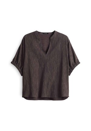 Dark brown V-neck blouse with short sleeves, featuring a textured striped pattern and ruched sleeve hems. Lightweight fabric, relaxed fit.