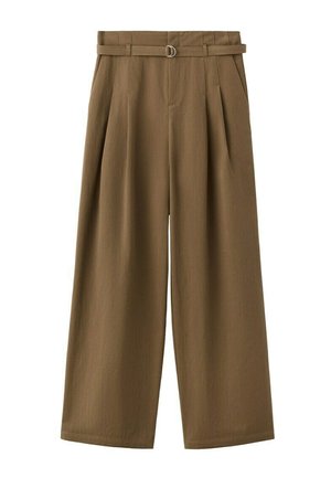 Pantalones marrones de cintura alta y pierna ancha con pliegues y un cinturón a juego de tela con una hebilla plateada.