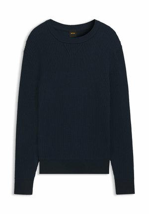 Mörkblå ribbad tröja med rund halsringning och långa ärmar, med en texturerad tyg och en enfärgad fåll. Märkesetikett på insidan av kragen.
