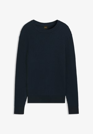 Mørkeblå ribbet sweater med rund halsudskæring og lange ærmer, med et tekstureret stof og en ensfarvet søm. Brandlabel indeni kraven.