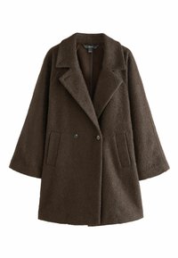 Barna gyapjú keverék kabát, széles gallérral, dupla gombolású elejével, két oldalsó zsebbel és laza, enyhén oversize ujjakkal.