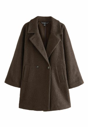 Brauner Wollmischmantel mit Reverskragen, doppelter Knopfleiste, zwei seitlichen Taschen und lockeren, leicht übergroßen Ärmeln.