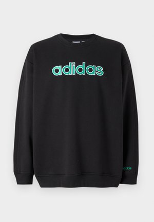 Sweat-shirt noir à col rond avec logo Adidas turquoise et blanc sur la poitrine et petit logo près du poignet sur la manche droite.