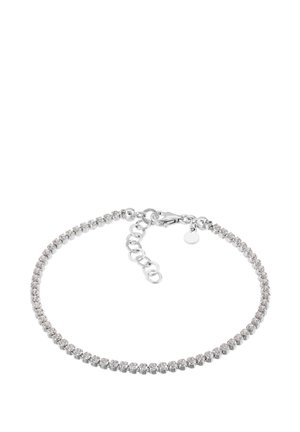 Silver-tone bracelet with alternating clear crystals, featuring a lobster clasp and adjustable chain for sizing flexibility.