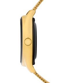 Montre dorée avec un cadran noir, dotée d'un boîtier rond, d'un bouton latéral et d'un bracelet en maillons dorés. Finition lisse, design minimal.
